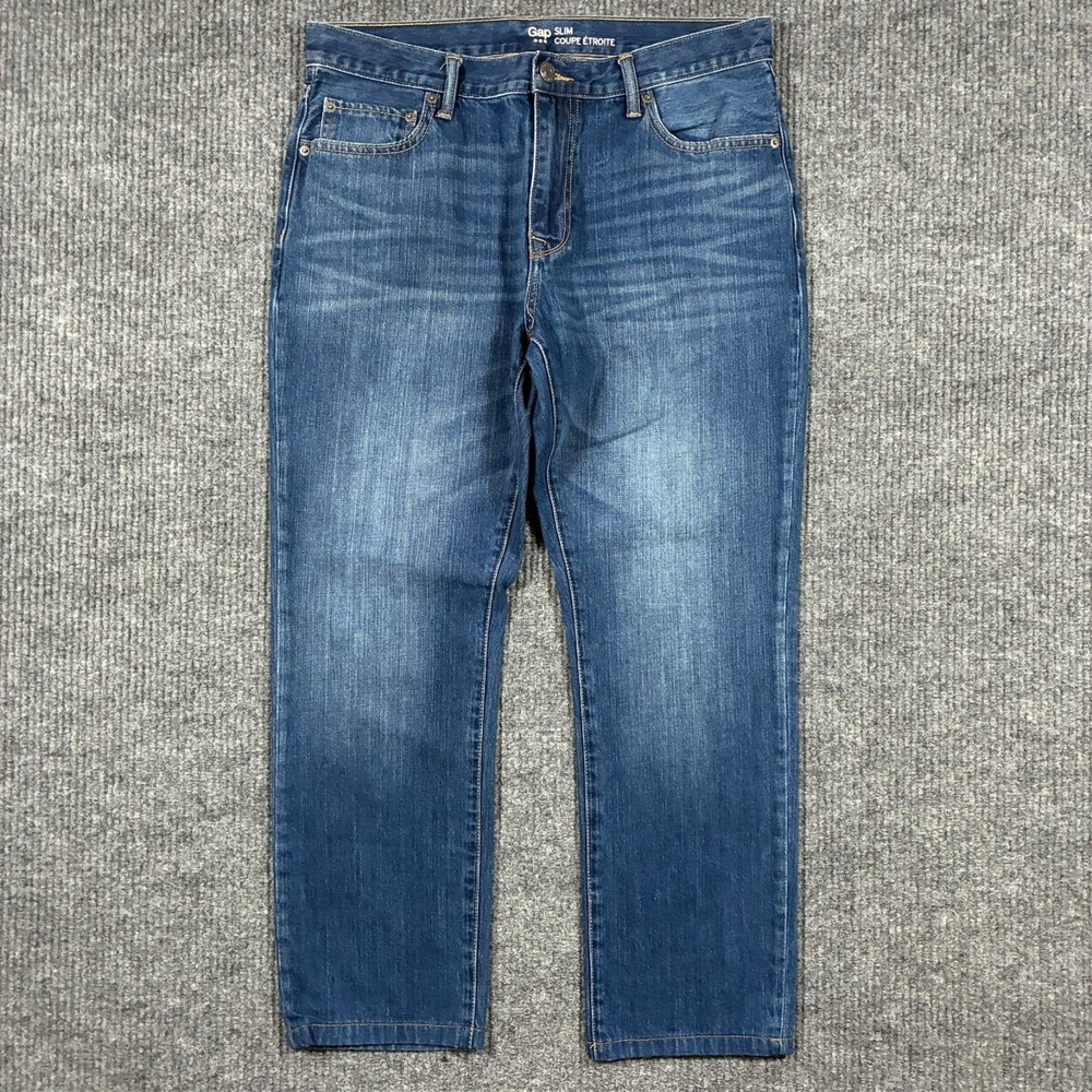 GAP Mens‎ Slim Straight Jeans Size 34x30 Dark Wash 100% Cotton Denim Mid Rise